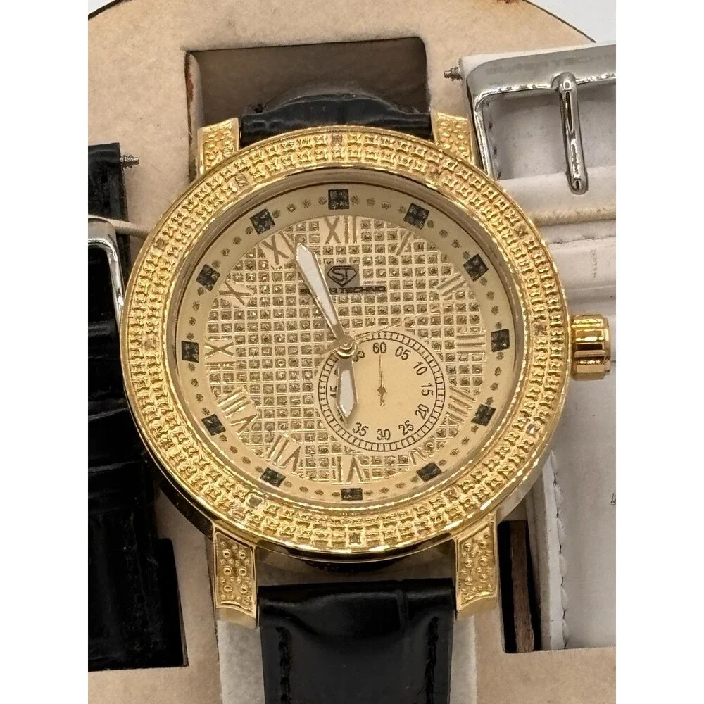 NEW Super Techno Mens Watch I-5371 Gold Tone Diamond .12 CT READ NOTES